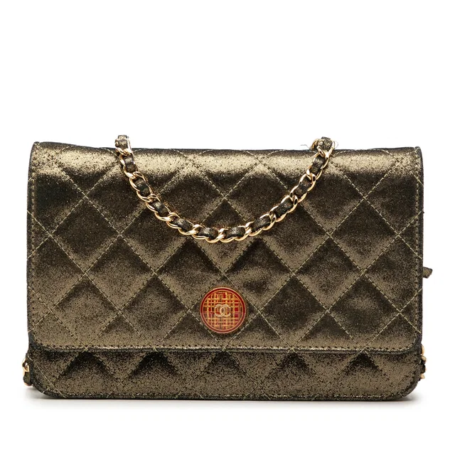 Gold Chanel Quilted Iridescent Lambskin Tartan Button Wallet On Chain Crossbody Bag in Gold Lambskin from Designer Revival
