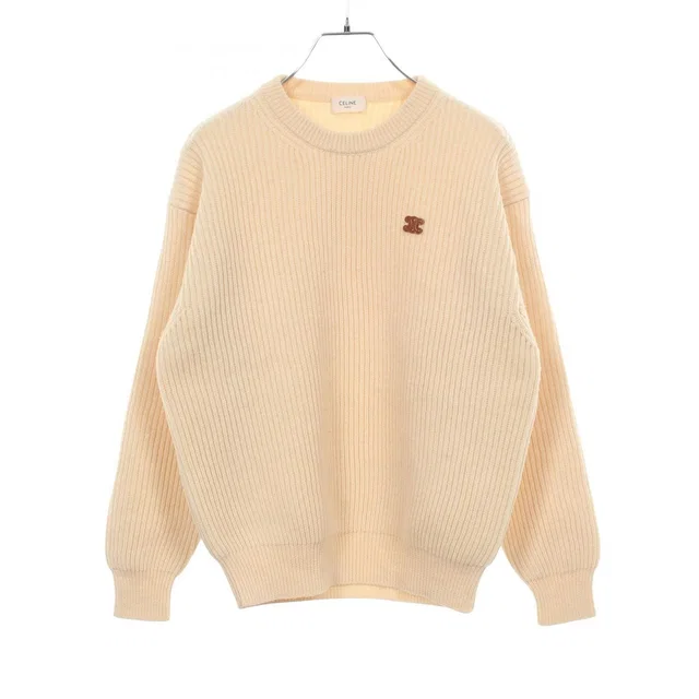 Celine Knit Triomphe Patch White Wool Crew Sweater in White Wool from The Reluxe