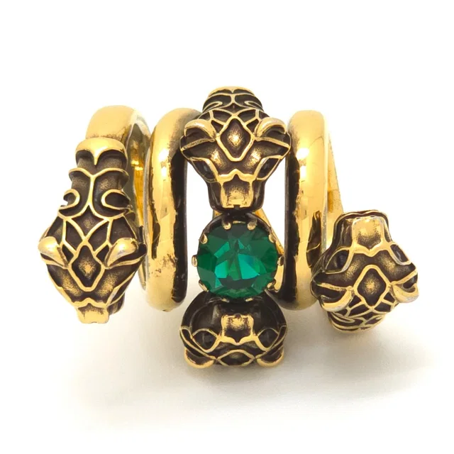 Gucci Tiger Head Double Wrap Ring Aging Gold Finish Metal Green Swarovski in Green from The Reluxe