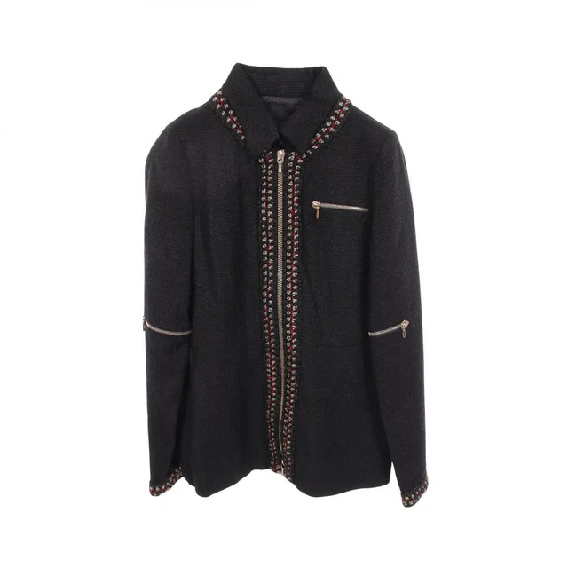 Chanel CC Logo Button Zip Wool Silk Jacket Black in Black Silk from The Reluxe