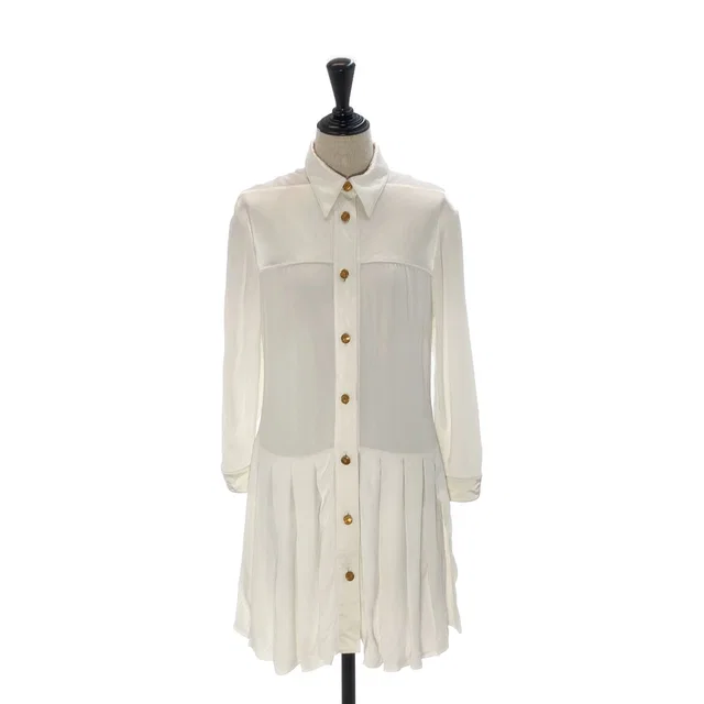 Louis Vuitton Gold Button Satin Pleated Shirt Dress White 36 in White Satin from The Reluxe