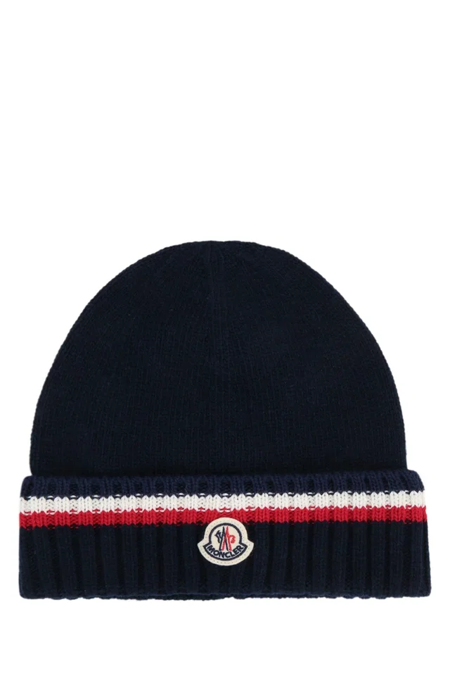 Moncler Hat Ribbed Wool Beanie — Navy Beanies in Navy Wool from HEWI
