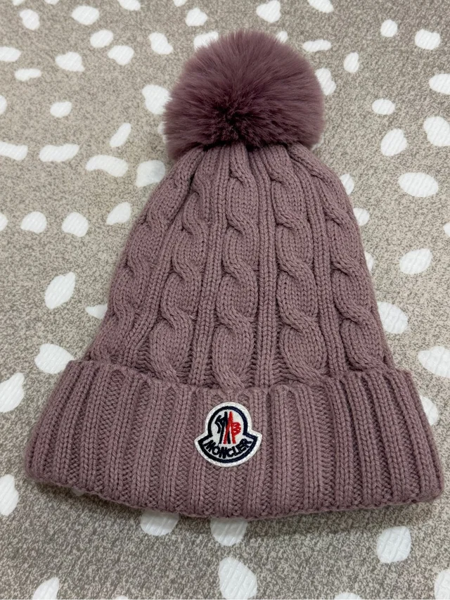 Moncler Faux Fur Beanie Cableknit Logo Hat Winter Mauve Purple Foldover Taupe in purple from Poshmark