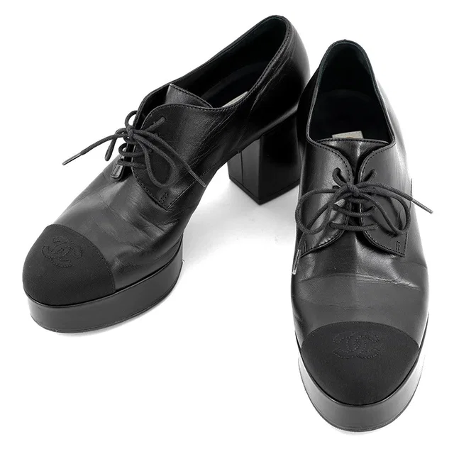 Chanel Lace-up shoes BlackG45262 Shiny Goatskin Leather Grosgrain Size 37C in Goatskin from GALLERY RARE