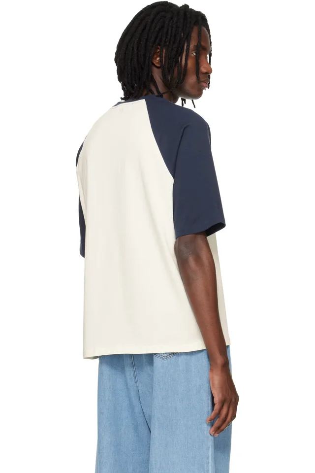 AMI Paris White & Blue Cotton Ami de Coeur Knitted Patch T-shirt, photo 3 of 4 from SSENSE