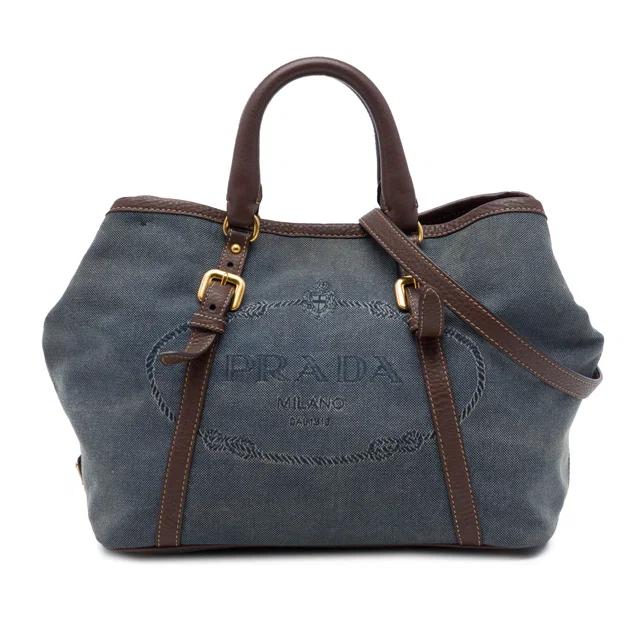 Blue Prada Vitello Daino Trimmed Canvas Canapa Logo Satchel in Blue Canvas from Designer Revival