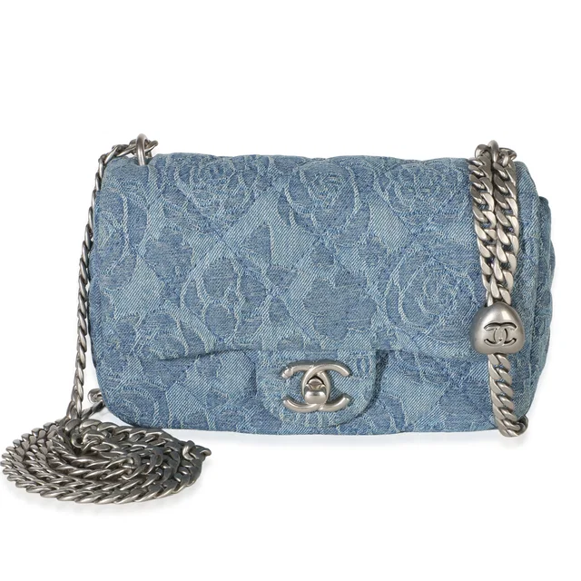 Chanel Blue Quilted Denim Camellia Sweetheart Mini Flap Bag in Blue Denim from myGemma
