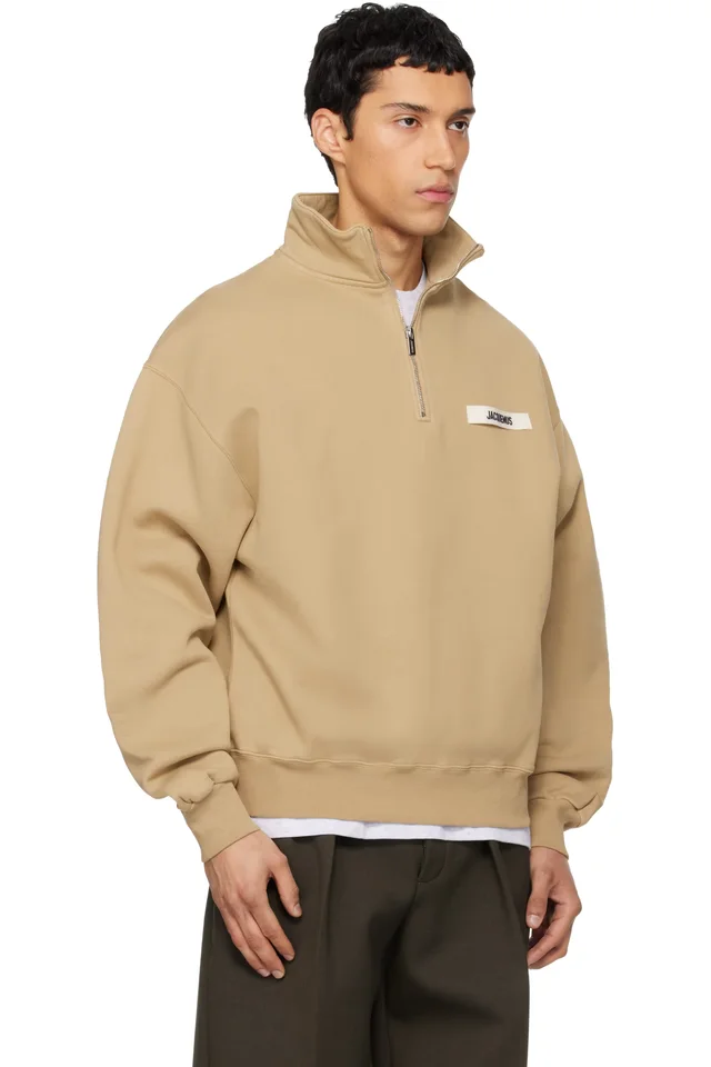 JACQUEMUS Tan 'The Gros Grain zipped-rollneck' Sweatshirt, photo 2 of 4 from SSENSE