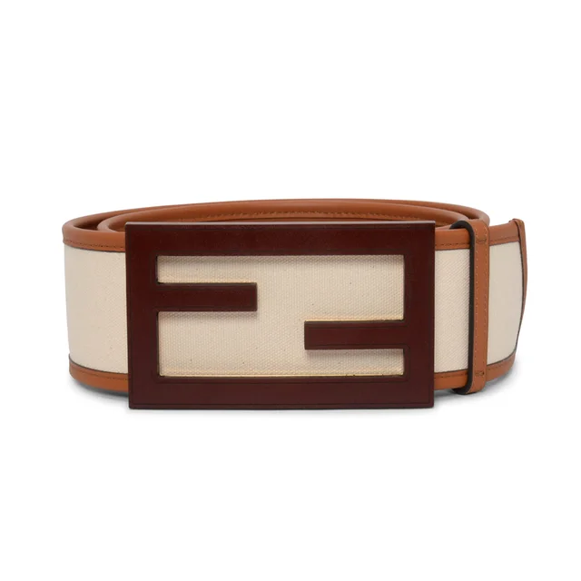 Fendi Vitello & Canvas King FF Belt in Ivory Canvas from Blue Spinach
