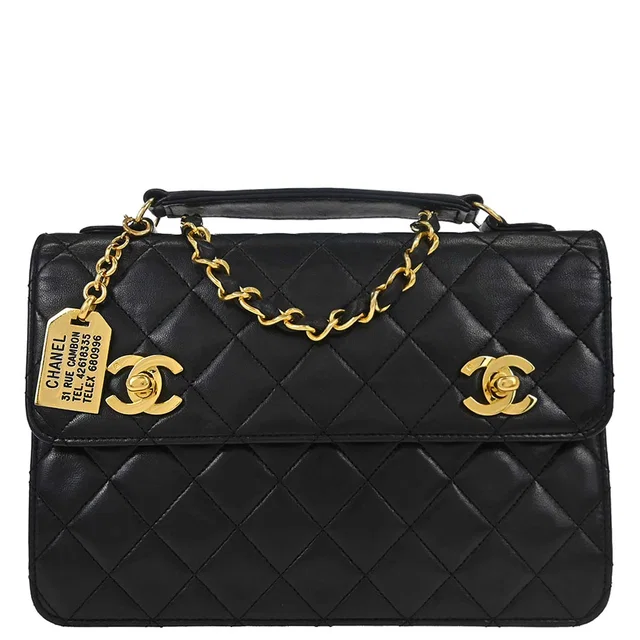 Chanel 1989-1991 Black Lambskin Double Turnlock 2way Shoulder Handbag in Black Lambskin from AMORE Vintage Tokyo