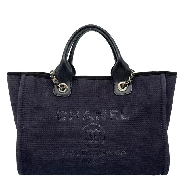Chanel Deauville Small Mixed Fibers Tote Bag Navy Blue in Navy Leather from Dallas Designer Handbags