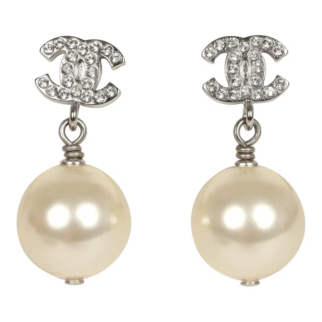 Chanel Small Crystal CC Pearl Drop Earrings Silver Tone Metal in Silver from Madison Avenue Couture