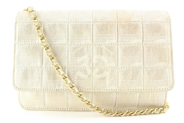 Chanel Chocolate Bar Quilted Iridescent Canvas Wallet on Chain in Brown Canvas from Bagriculture