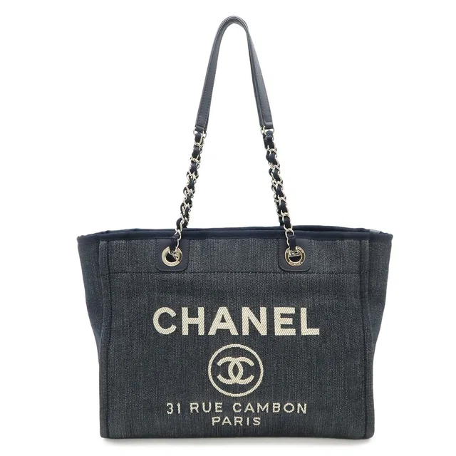Chanel Deauville Tote MM Shoulder Bag Denim Navy Silver in Navy Denim from The Reluxe