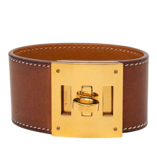 Brown Hermès Barenia and Gold Plated Kelly Dog Bracelet in Brown Leather from Designer Revival