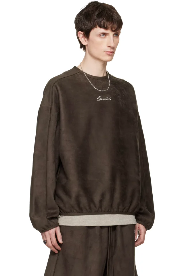 Fear of God ESSENTIALS Brown Signature Modern Crewneck Faux-Suede Sweatshirt, photo 2 of 4 from SSENSE