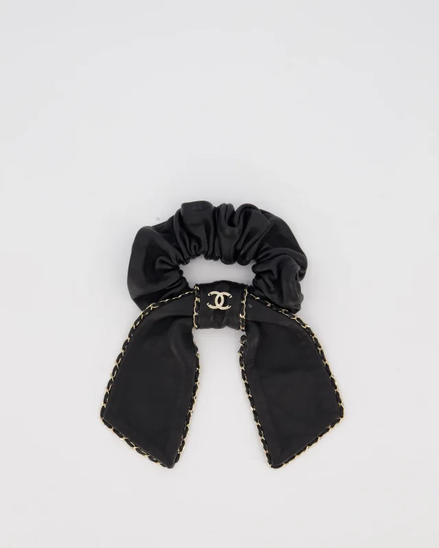 Chanel Bow Leather Hair Scrunchie with Chain Trim Detail in Black Leather from Sellier, photo 7 of 7