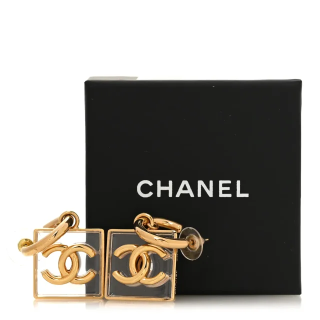 Chanel Metal Resin CC Square Drop Earrings Gold Transparent in Gold Resin from FASHIONPHILE, photo 5 of 5