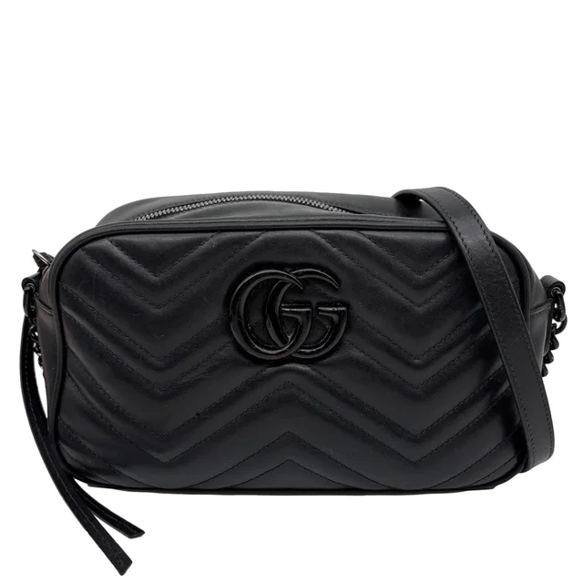 Gucci GG Marmont Small Matelasse Chevron Leather Camera Bag Black 447632 from Dallas Designer Handbags