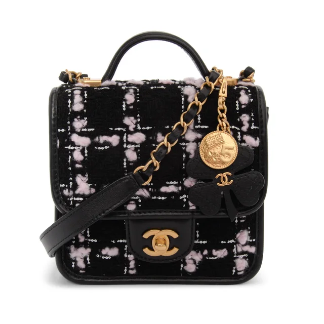 Chanel Mini Flap Bag with Handle in Black & Pink Tweed from Blue Spinach