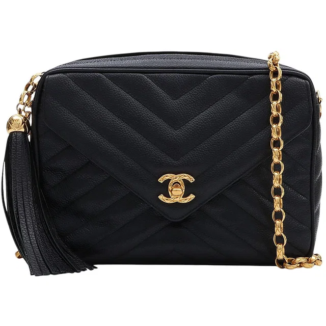 Chanel 1992 Caviar Skin CC Turn Lock Tassel Bijou Chain Shoulder Bag Black in Black Caviar leather from VINTAGE QOO TOKYO