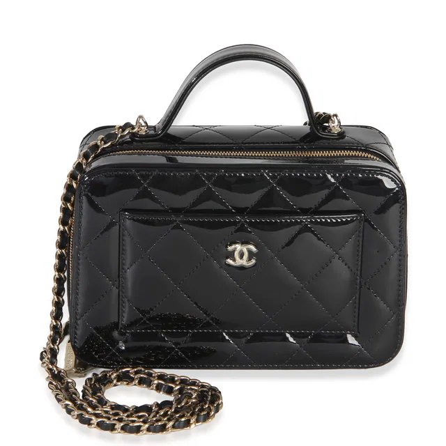Chanel Black Quilted Patent Top Handle Vanity With Chain Leather Handbag in Black Patent leather from HEWI