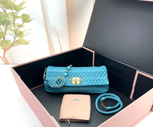 Miu Miu Turquoise Matelassé Crystal Shoulder Flap Bag in Blue from Luxury Promise
