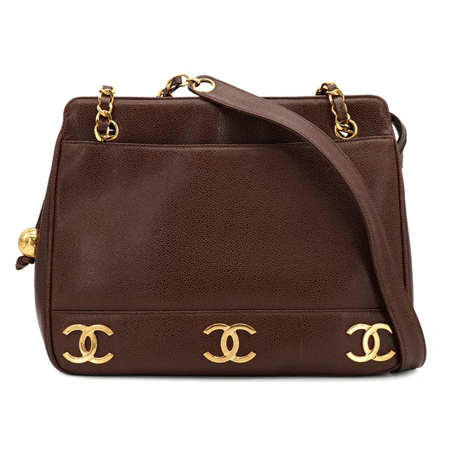 Chanel Vintage Triple Coco Chain Shoulder Bag Brown Caviar Skin Gold Hardware in Brown Caviar leather from Luxury Promise