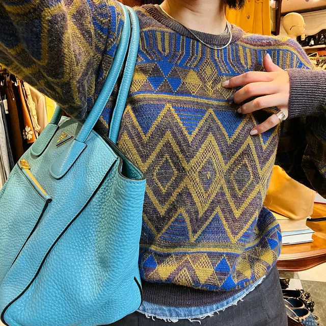Saint Laurent Pattern Design Embroidered Sweater Khaki/Blue/Multi in Blue Wool from VINTAGE QOO TOKYO