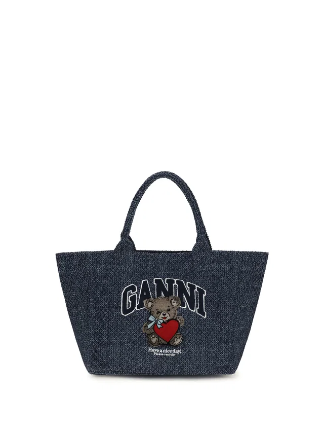 GANNI Bear-Embroidered Denim Tote Bag — Blue Cotton in Blue Denim from HEWI