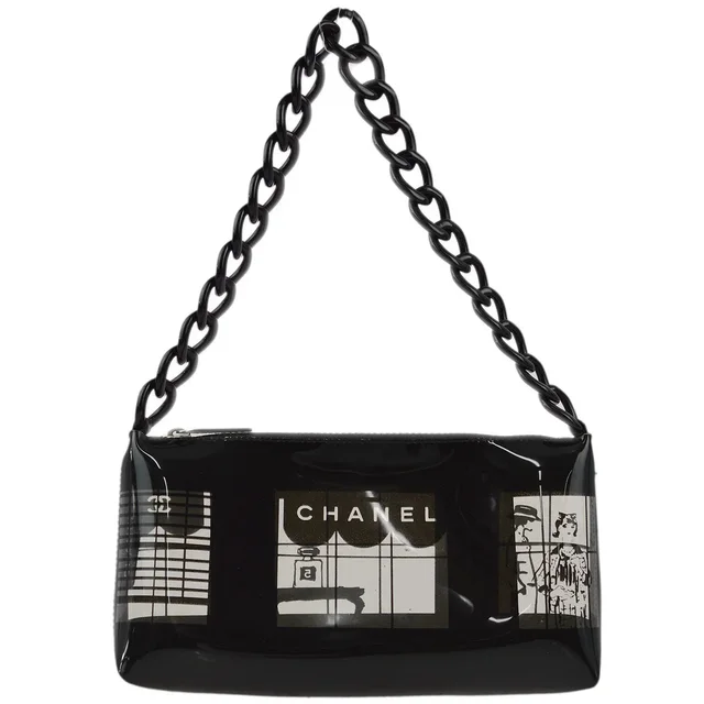 Chanel 2003-2004 Black Vinyl Window Chain Shoulder Bag in Black Resin from AMORE Vintage Tokyo