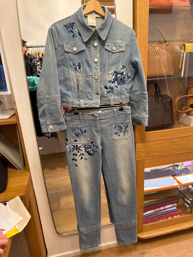 Balenciaga Dior Denim Floral Jeans & Jacket Set in Denim from Luxury Promise