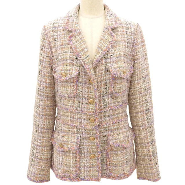 Chanel Tweed CC Mark Button Jacket #40 Beige/Multi in Beige Tweed from VINTAGE QOO TOKYO