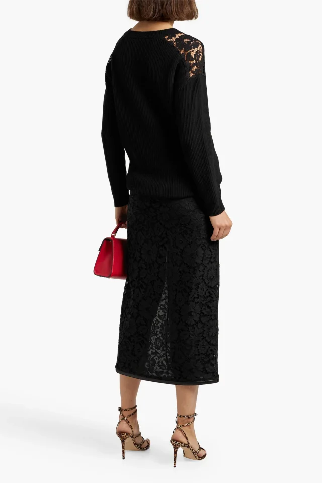 Valentino Garavani Leather-Trimmed Corded Lace Midi Skirt in Black, photo 3 of 4 from THE OUTNET