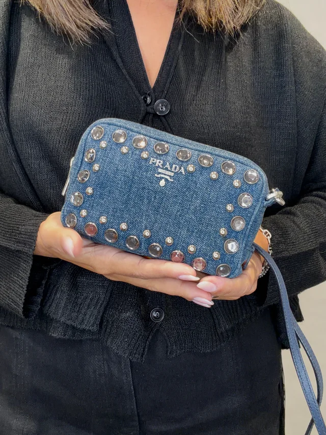 Prada Logo Denim Shoulder Bag Crossbody Bag Rhinestone Blue in Blue Denim from Season 2 Consign