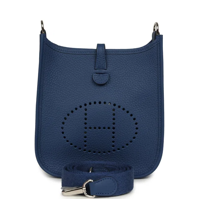 Hermès Evelyne TPM Bleu Tie Clemence Palladium Hardware in Blue Clemence leather from Madison Avenue Couture