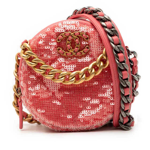 Pink Chanel Sequin Lambskin 19 Round Clutch With Chain Satchel in Pink Lambskin from Designer Revival