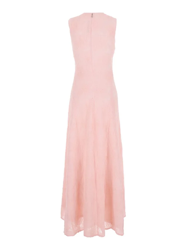 Rotate Long 'Crew Neck' Dress with All-Over Embroidery and Zip Closure at the Back in Stretch Tech Fabric Pink Women in Pink 95% Polyester 5% Elastane, photo 3 of 5 from Gaudenzi Boutique