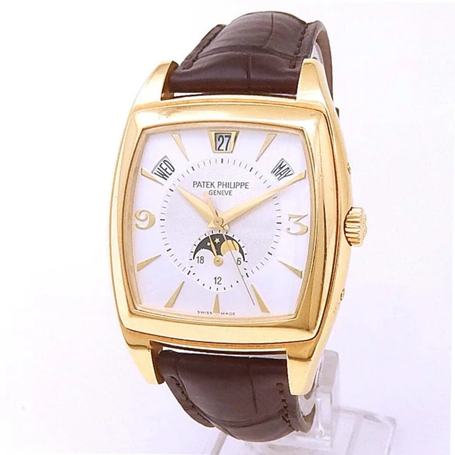 Patek Philippe Gondolo GMT Automatic Moon Phase Silver Dial Mens Watch 5135J-001 in yellow|brown|silver|gold|gray|red Leather from Jomashop.com