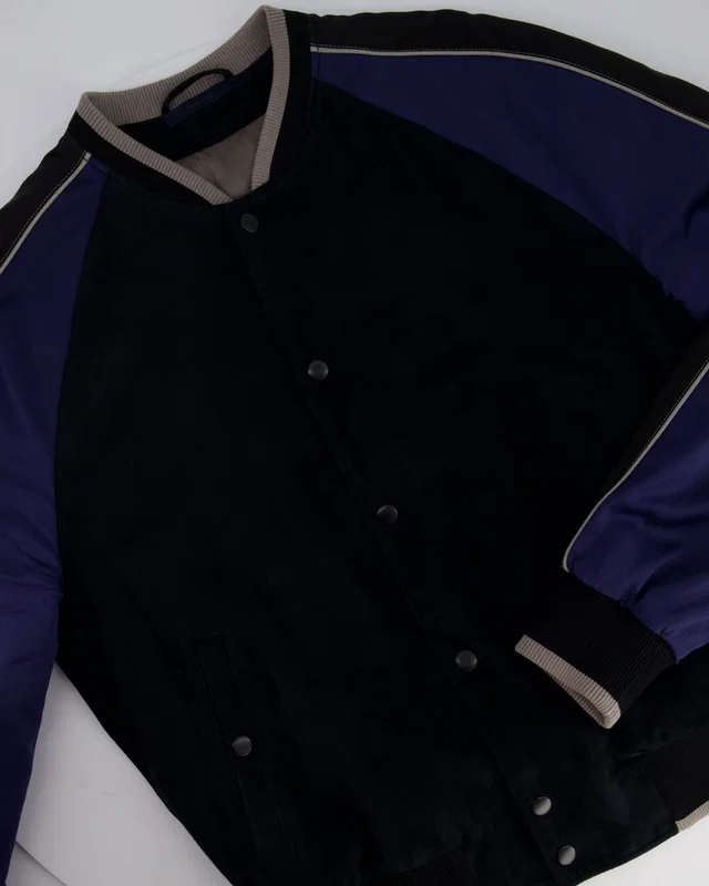 Lanvin Navy Menswear Navy Suede Bomber Jacket with Satin Arm Detail Size IT 48 (UK 36) in Navy Suede from Sellier