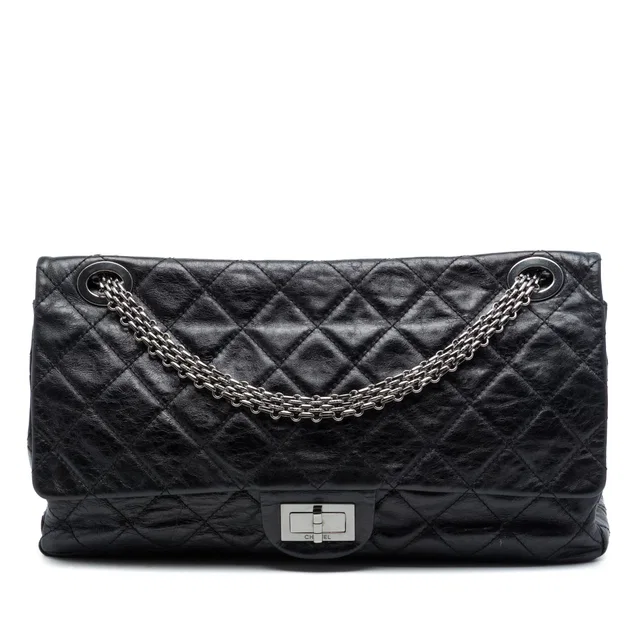Black Chanel Quilted Aged Calfskin Reissue 2.55 Double Flap 227 Shoulder Bag in Black Calfskin from Designer Revival