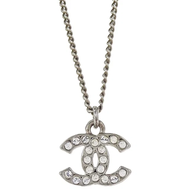 Chanel CC Chain Necklace Pendant Silver Rhinestone C12V in Silver from AMORE Vintage Tokyo