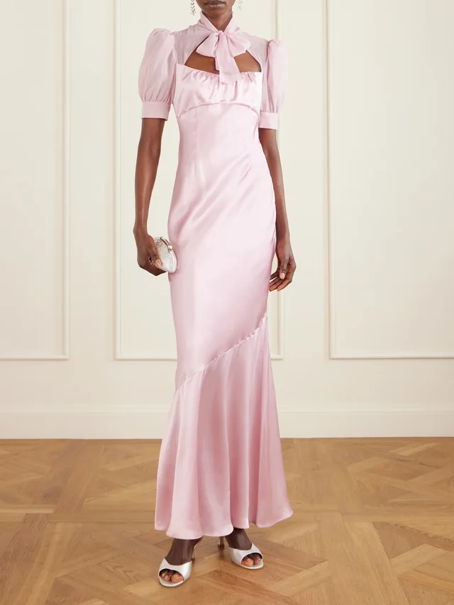 ALESSANDRA RICH Pussy-bow silk-satin and georgette gown in Pink, photo 2 of 2 from NET-A-PORTER (Canada)