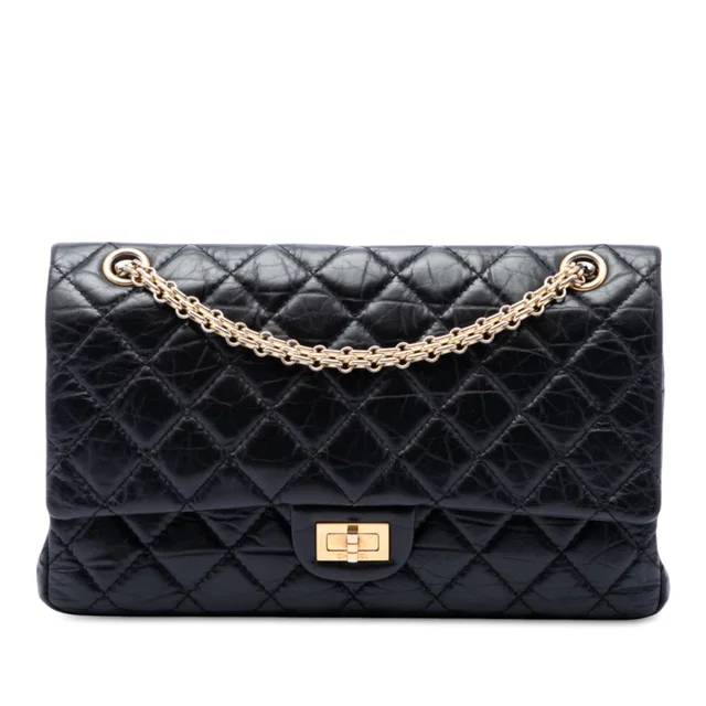 Black Chanel Quilted Aged Calfskin Reissue 2.55 Double Flap 226 Shoulder Bag in Black Calfskin from Designer Revival
