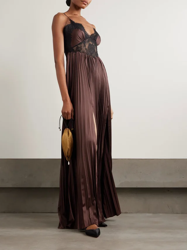 SELF-PORTRAIT Lace-trimmed plissé-satin maxi dress in Brown, photo 2 of 2 from NET-A-PORTER (Canada)