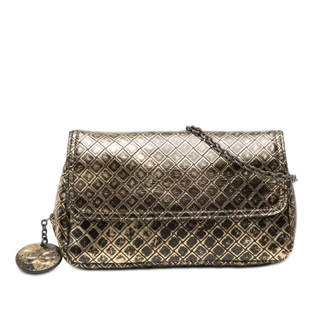 Gold Bottega Veneta Metallic Calfskin Intrecciomirage Chain Flap Crossbody in Gold Calfskin from Designer Revival