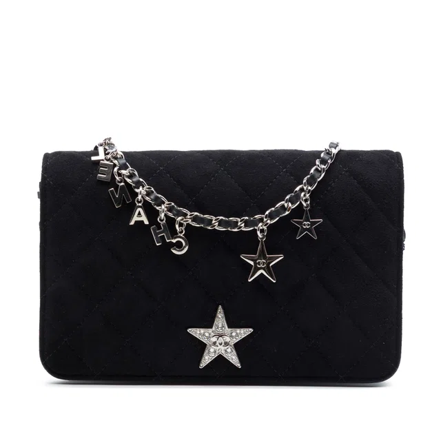 Black Chanel Quilted Suede Cocostellar Wallet on Chain Crossbody Bag in Black Suede from Designer Revival