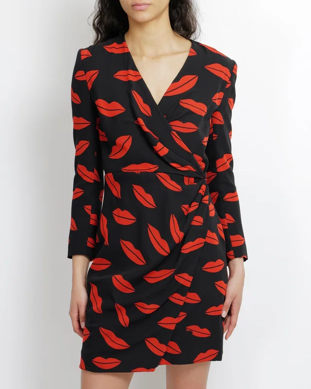 Saint Laurent Spring 2014 Black Silk and Red Lip Printed Mini Wrap Dress with Sequin Buttons Size FR 40 (UK… in Black Silk from Sellier