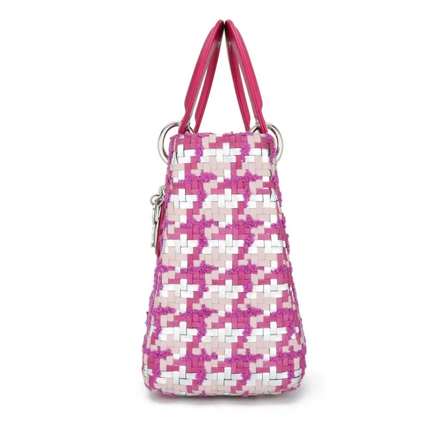 Pink & Silver Woven Leather & Tweed Medium Lady Dior Bag in Pink Woven leather from HEWI