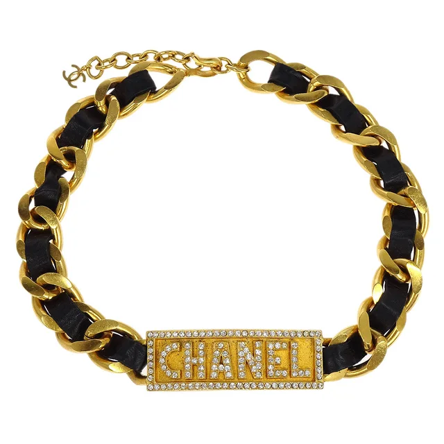 Chanel Gold Black Leather Rhinestone Choker Necklace 95P in Black Leather from AMORE Vintage Tokyo